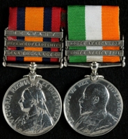 John Rheubottom : (L to R) Queen's South Africa Medal with clasps 'Elandslaagte', 'Defence of Ladysmith', 'Belfast'; King's South Africa Medal with clasps 'South Africa 1901', 'South Africa 1902'